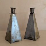 Pair of Antique European Handcrafted Art Nouveau Brass and Silver-Plated Candleholders with Etched Floral Detailing