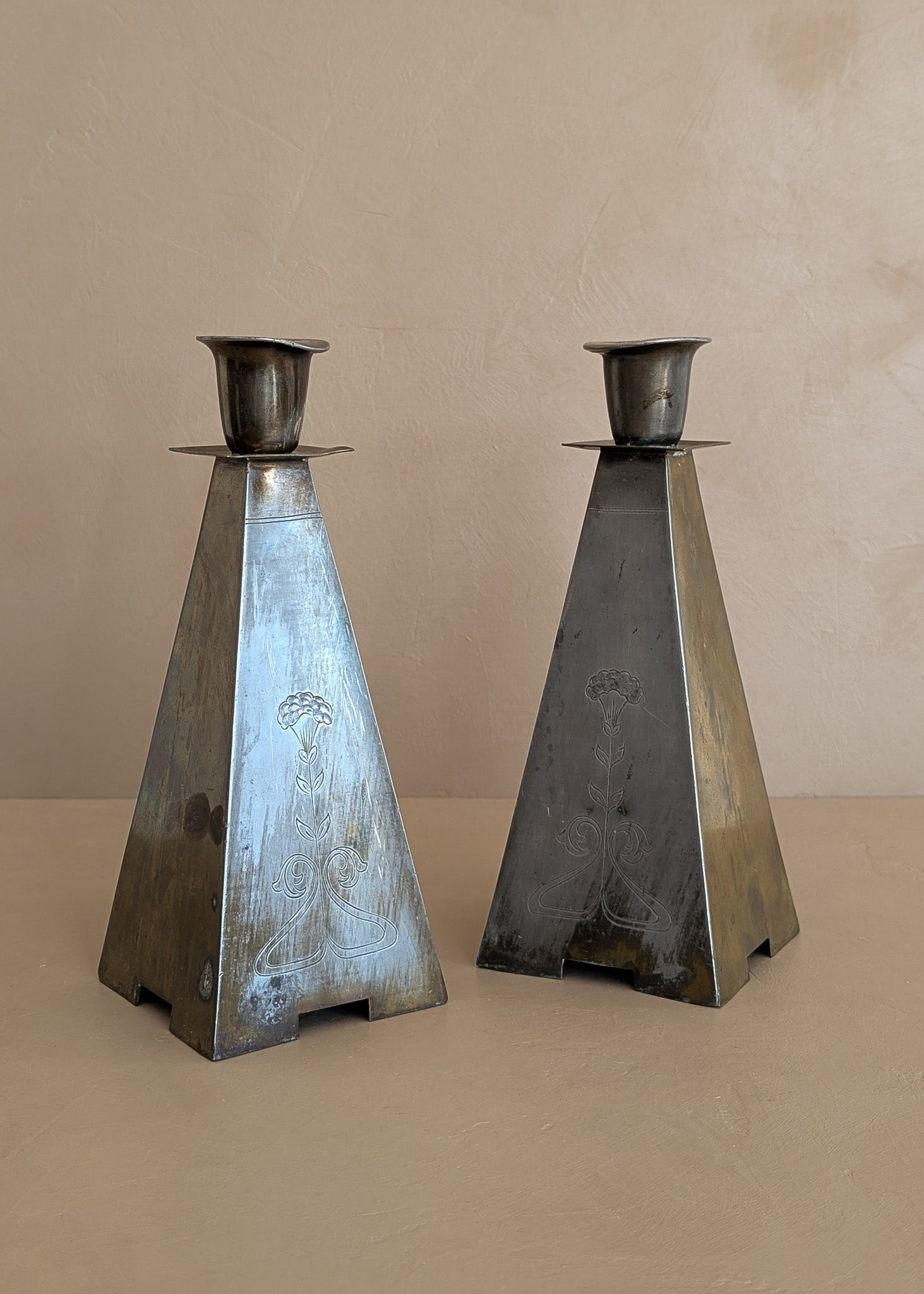 Pair of Antique European Handcrafted Art Nouveau Brass and Silver-Plated Candleholders with Etched Floral Detailing