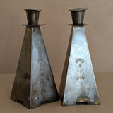 Pair of Antique European Handcrafted Art Nouveau Brass and Silver-Plated Candleholders with Etched Floral Detailing