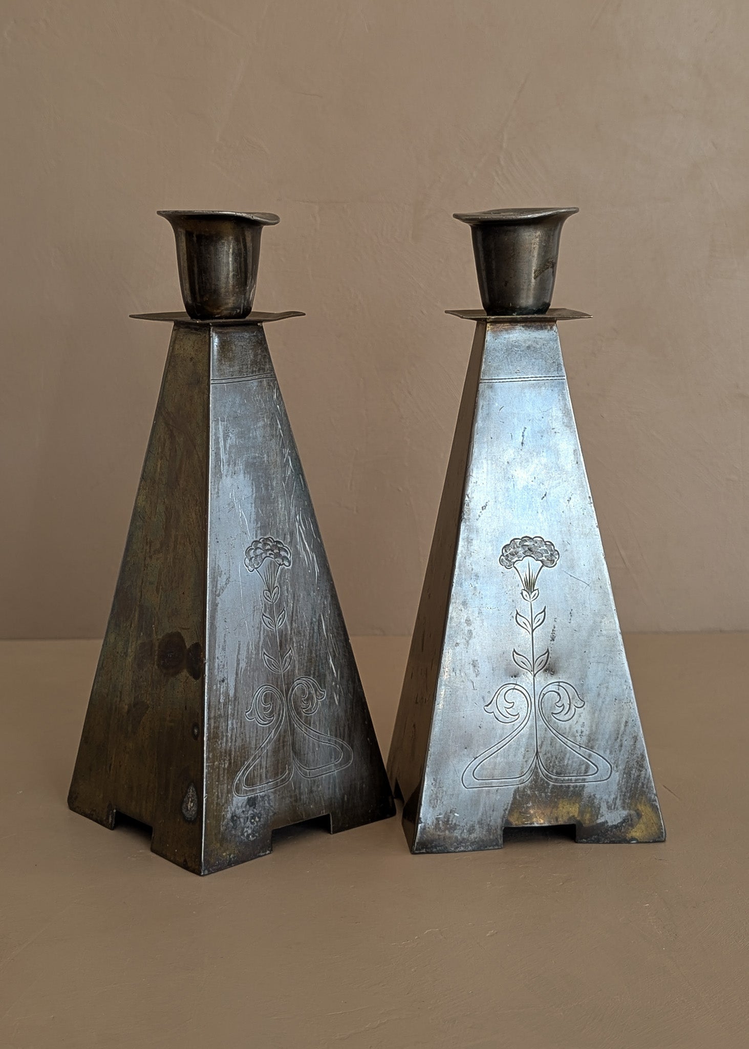 Pair of Antique European Handcrafted Art Nouveau Brass and Silver-Plated Candleholders with Etched Floral Detailing