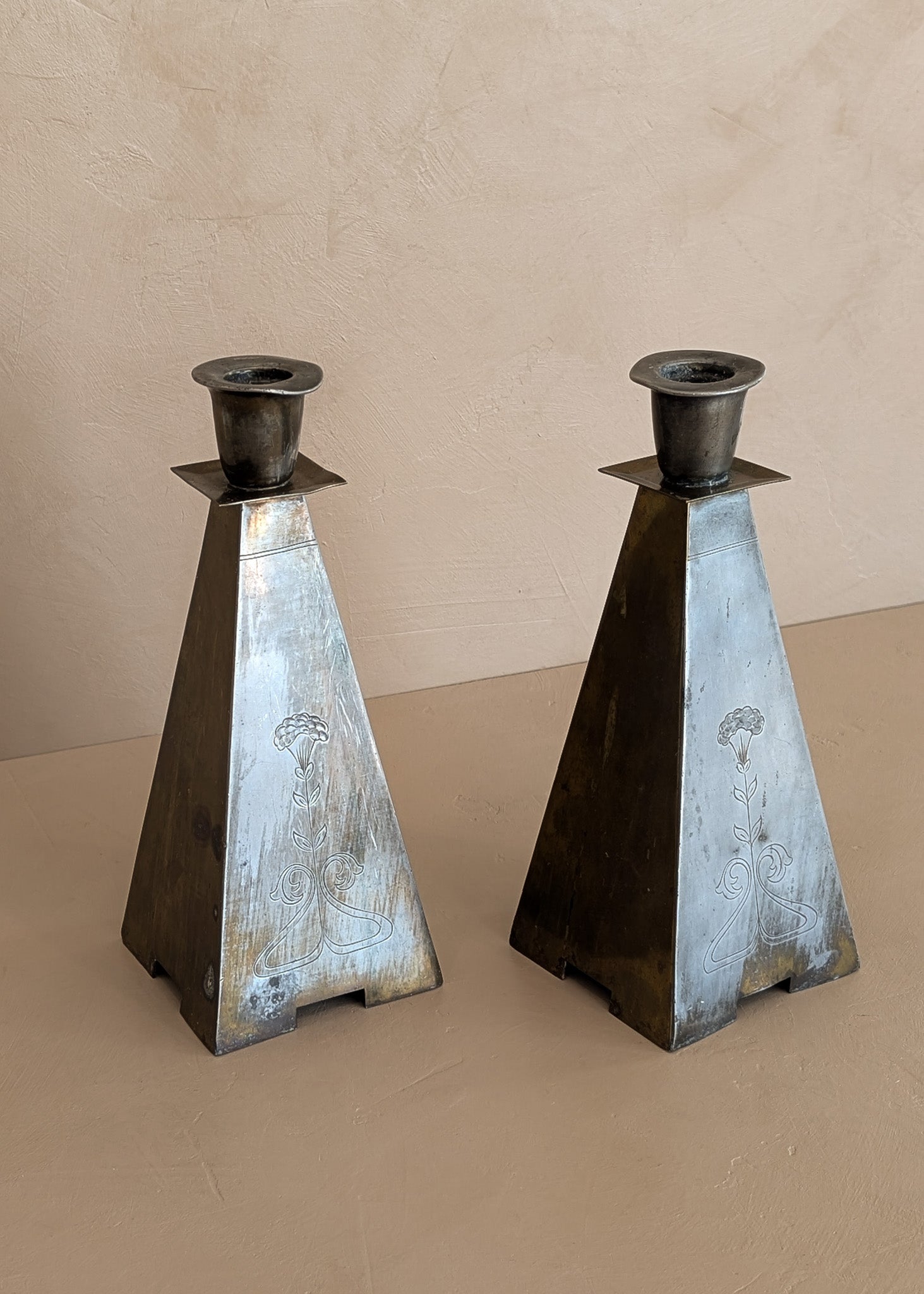 Pair of Antique European Handcrafted Art Nouveau Brass and Silver-Plated Candleholders with Etched Floral Detailing