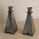 Pair of Antique European Handcrafted Art Nouveau Brass and Silver-Plated Candleholders with Etched Floral Detailing