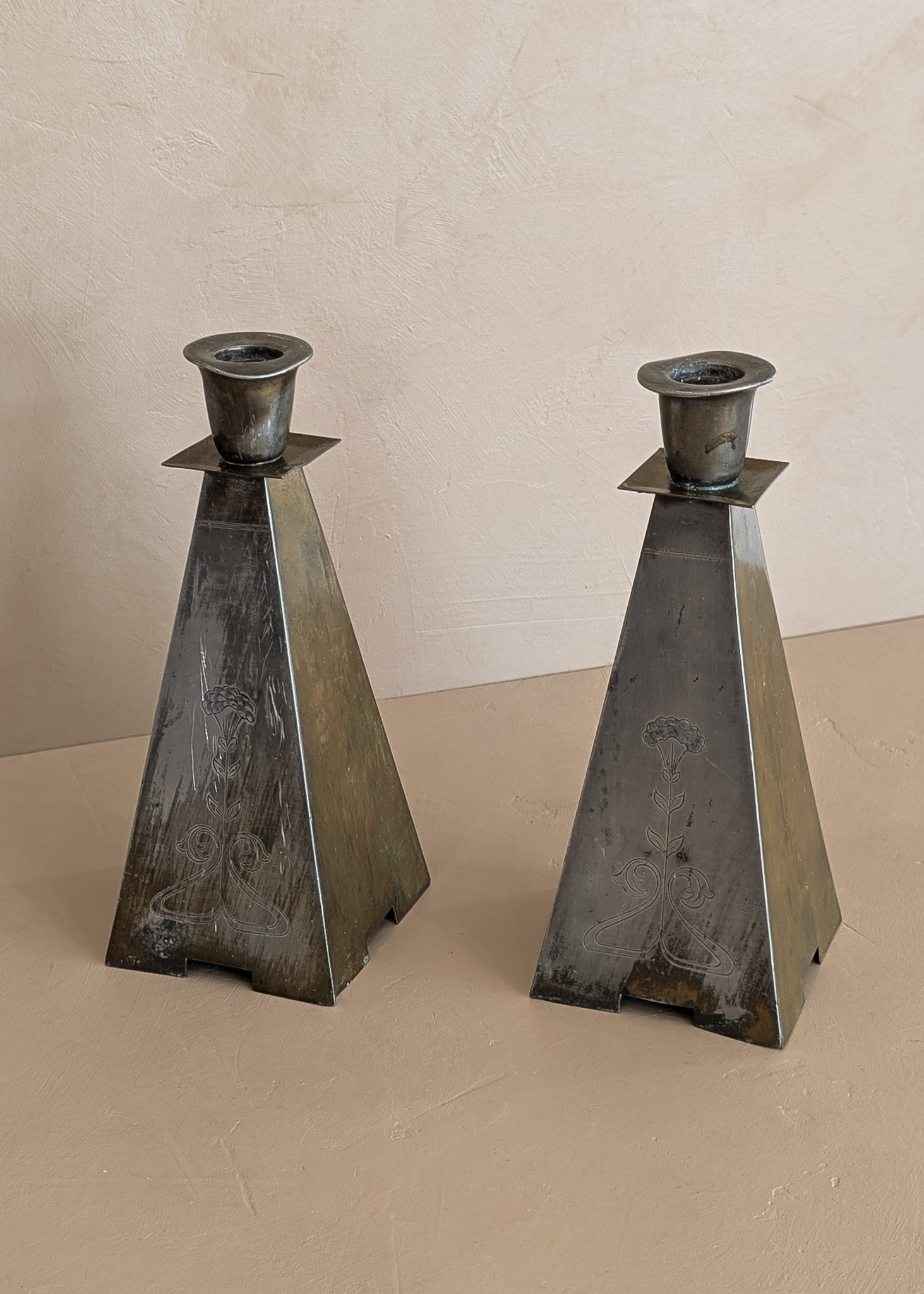 Pair of Antique European Handcrafted Art Nouveau Brass and Silver-Plated Candleholders with Etched Floral Detailing