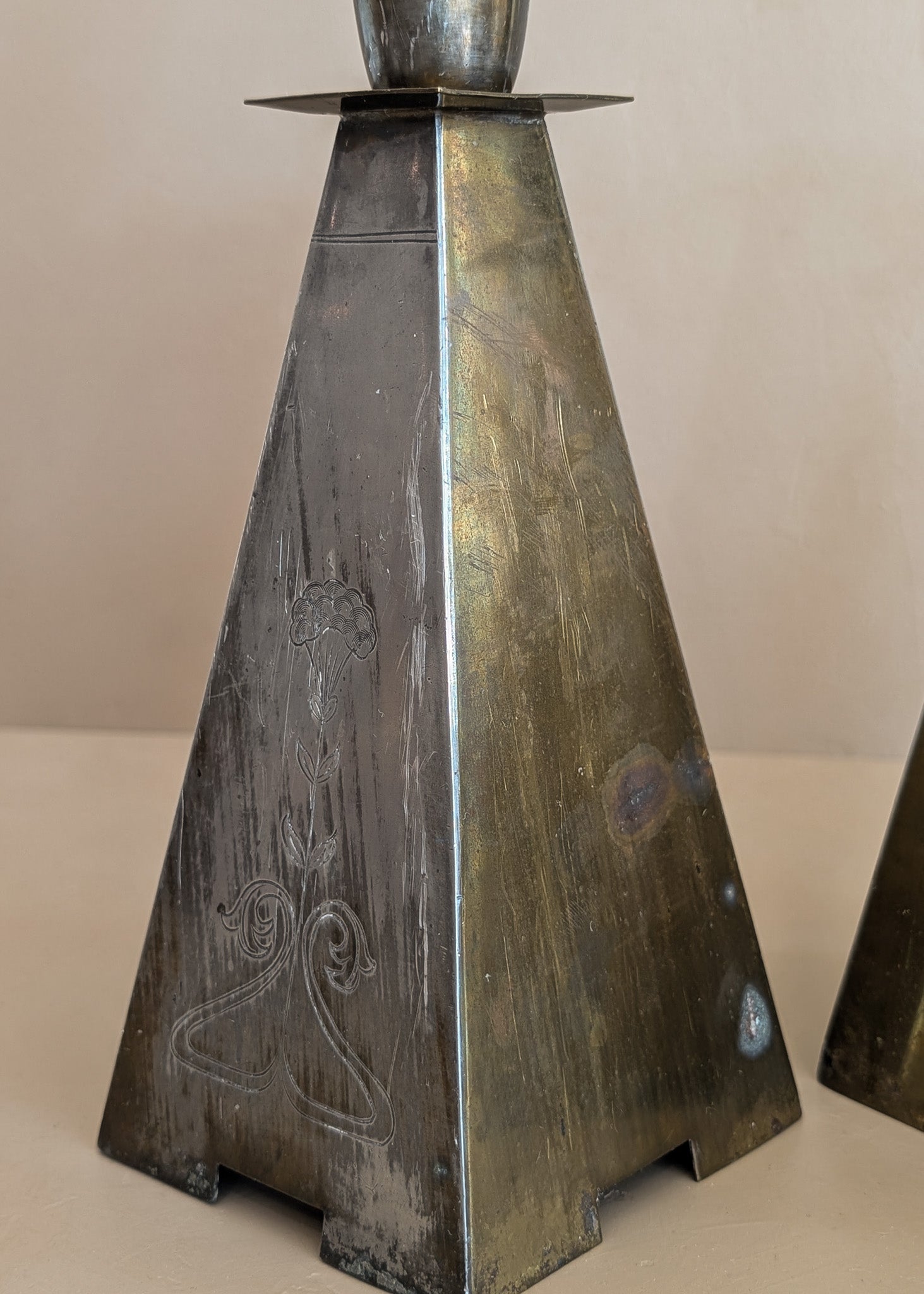 Pair of Antique European Handcrafted Art Nouveau Brass and Silver-Plated Candleholders with Etched Floral Detailing