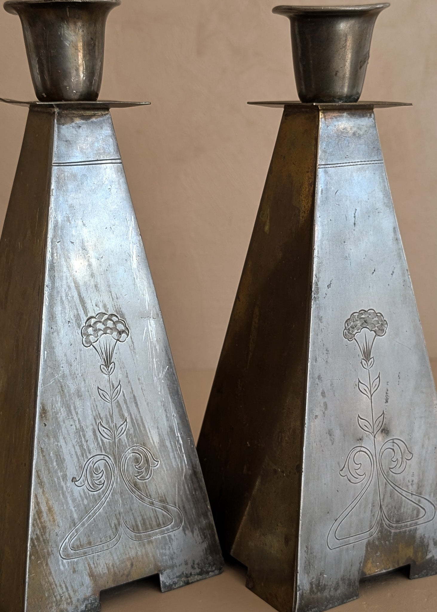 Pair of Antique European Handcrafted Art Nouveau Brass and Silver-Plated Candleholders with Etched Floral Detailing