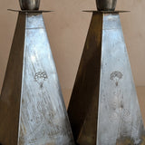 Pair of Antique European Handcrafted Art Nouveau Brass and Silver-Plated Candleholders with Etched Floral Detailing