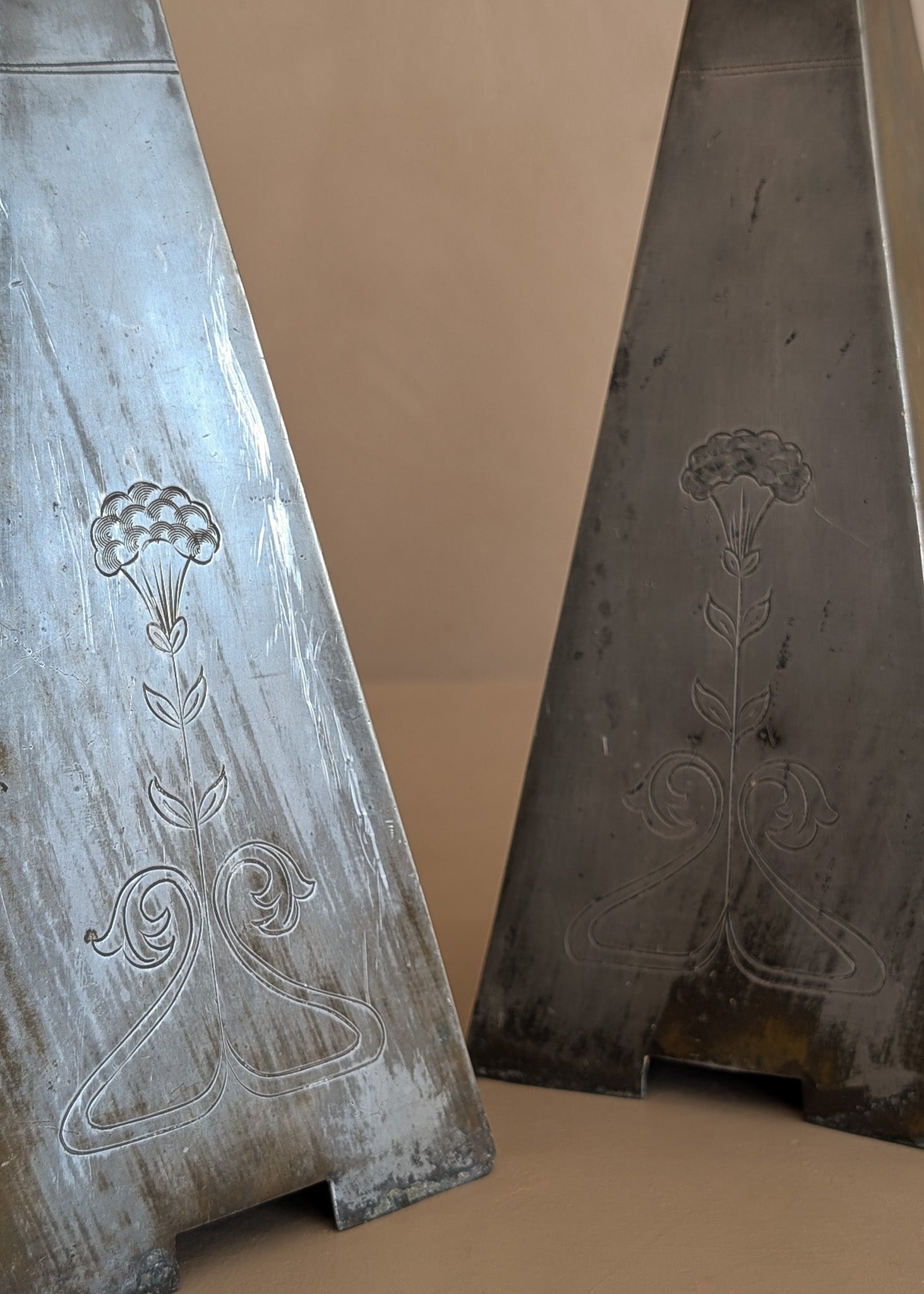 Pair of Antique European Handcrafted Art Nouveau Brass and Silver-Plated Candleholders with Etched Floral Detailing