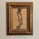 Signed Vintage Figurative Nude Art by German Artist Max Kaus in Wooden Frame with Subtle Floral Engravings and Worn Gilding