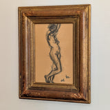 Signed Vintage Figurative Nude Art by German Artist Max Kaus in Wooden Frame with Subtle Floral Engravings and Worn Gilding
