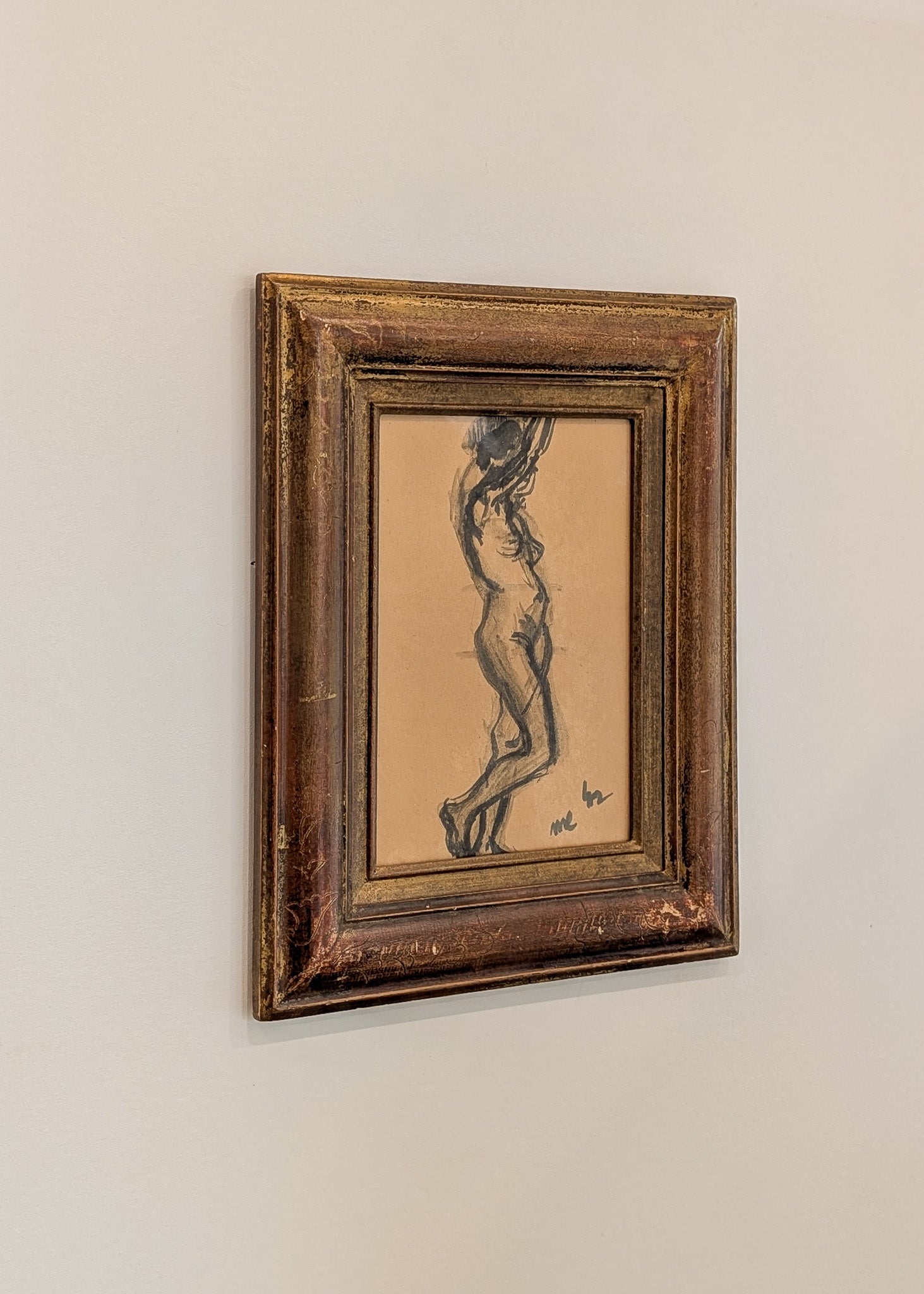 Signed Vintage Figurative Nude Art by German Artist Max Kaus in Wooden Frame with Subtle Floral Engravings and Worn Gilding