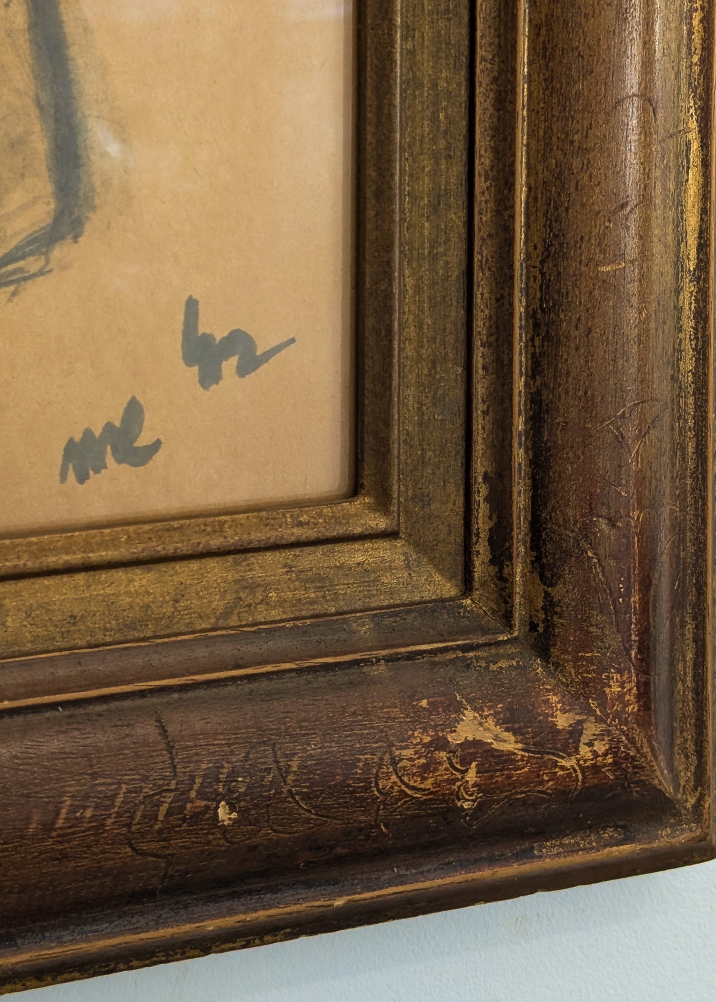 Signed Vintage Figurative Nude Art by German Artist Max Kaus in Wooden Frame with Subtle Floral Engravings and Worn Gilding
