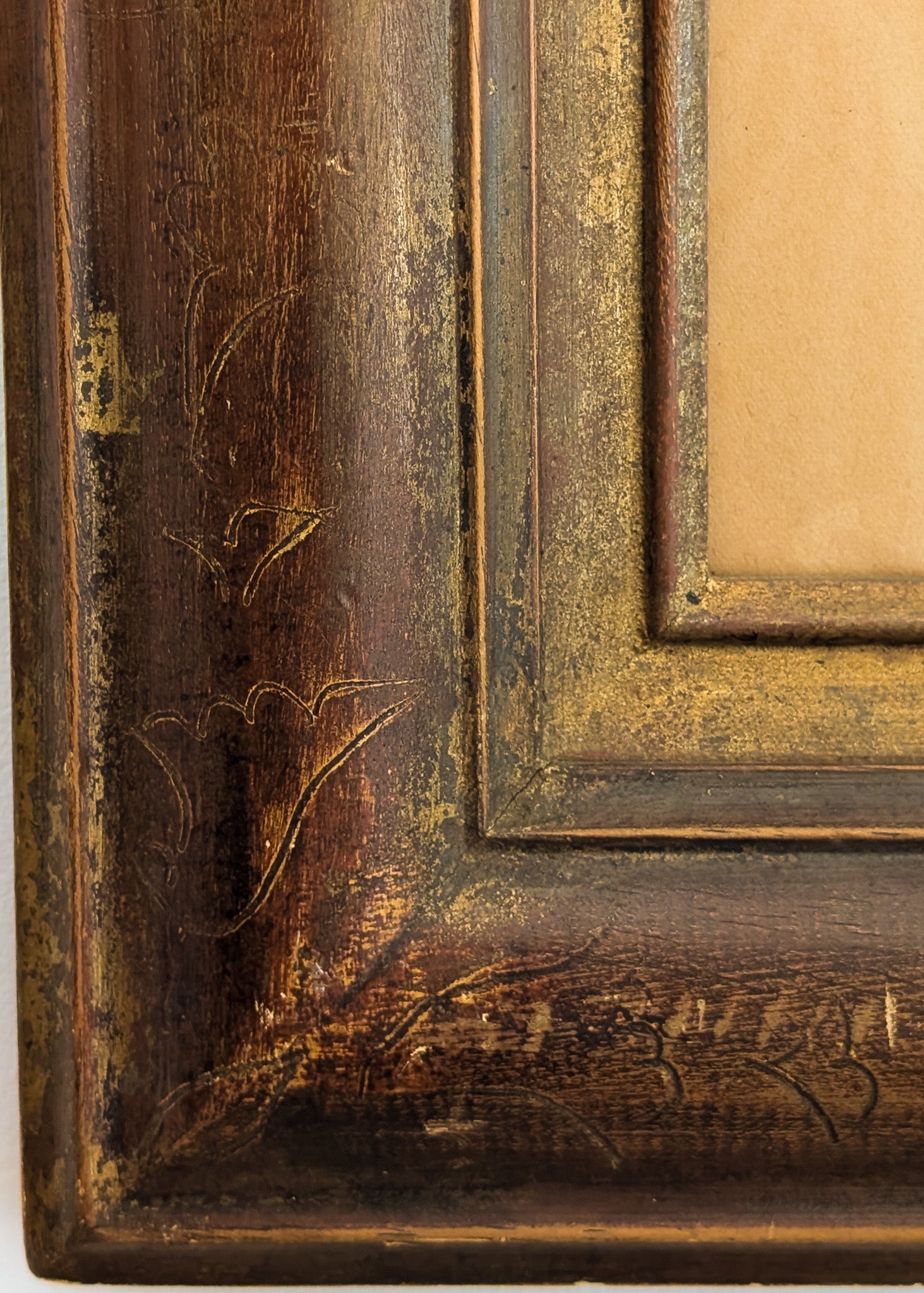 Signed Vintage Figurative Nude Art by German Artist Max Kaus in Wooden Frame with Subtle Floral Engravings and Worn Gilding