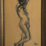 Signed Vintage Figurative Nude Art by German Artist Max Kaus in Wooden Frame with Subtle Floral Engravings and Worn Gilding