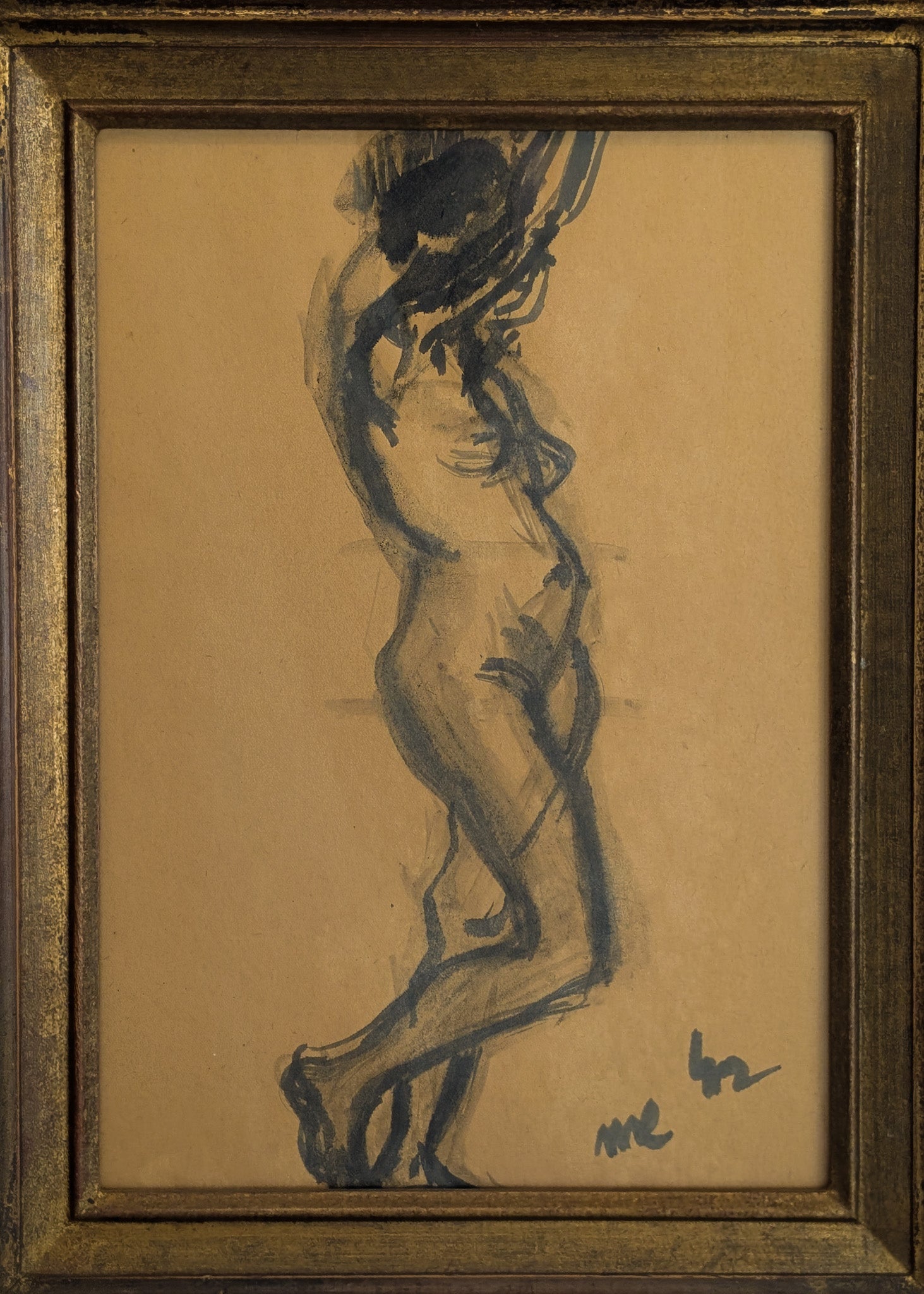 Signed Vintage Figurative Nude Art by German Artist Max Kaus in Wooden Frame with Subtle Floral Engravings and Worn Gilding