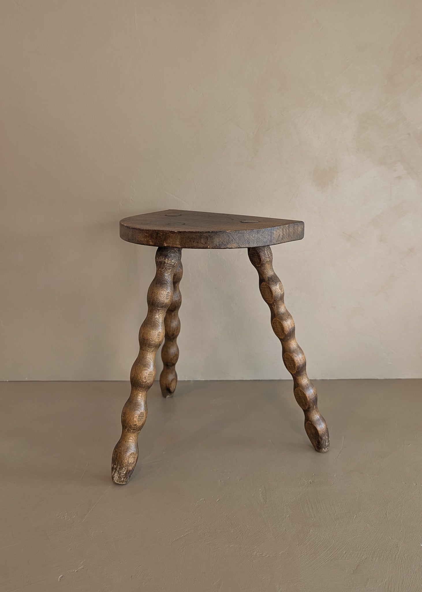 Vintage French Dark Wooden Bobbin Leg Charles Dudouyt-Style Half-Moon Stool