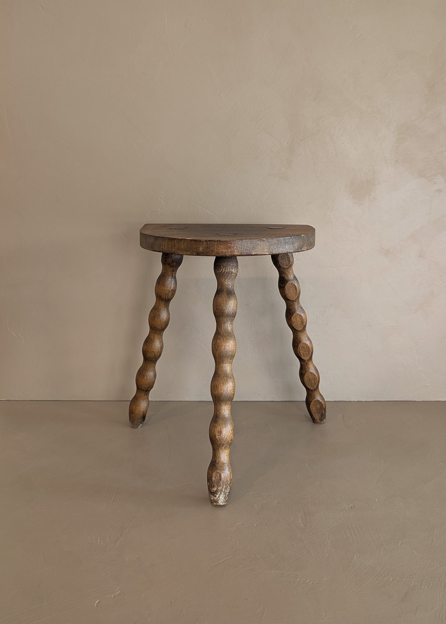 Vintage French Dark Wooden Bobbin Leg Charles Dudouyt-Style Half-Moon Stool