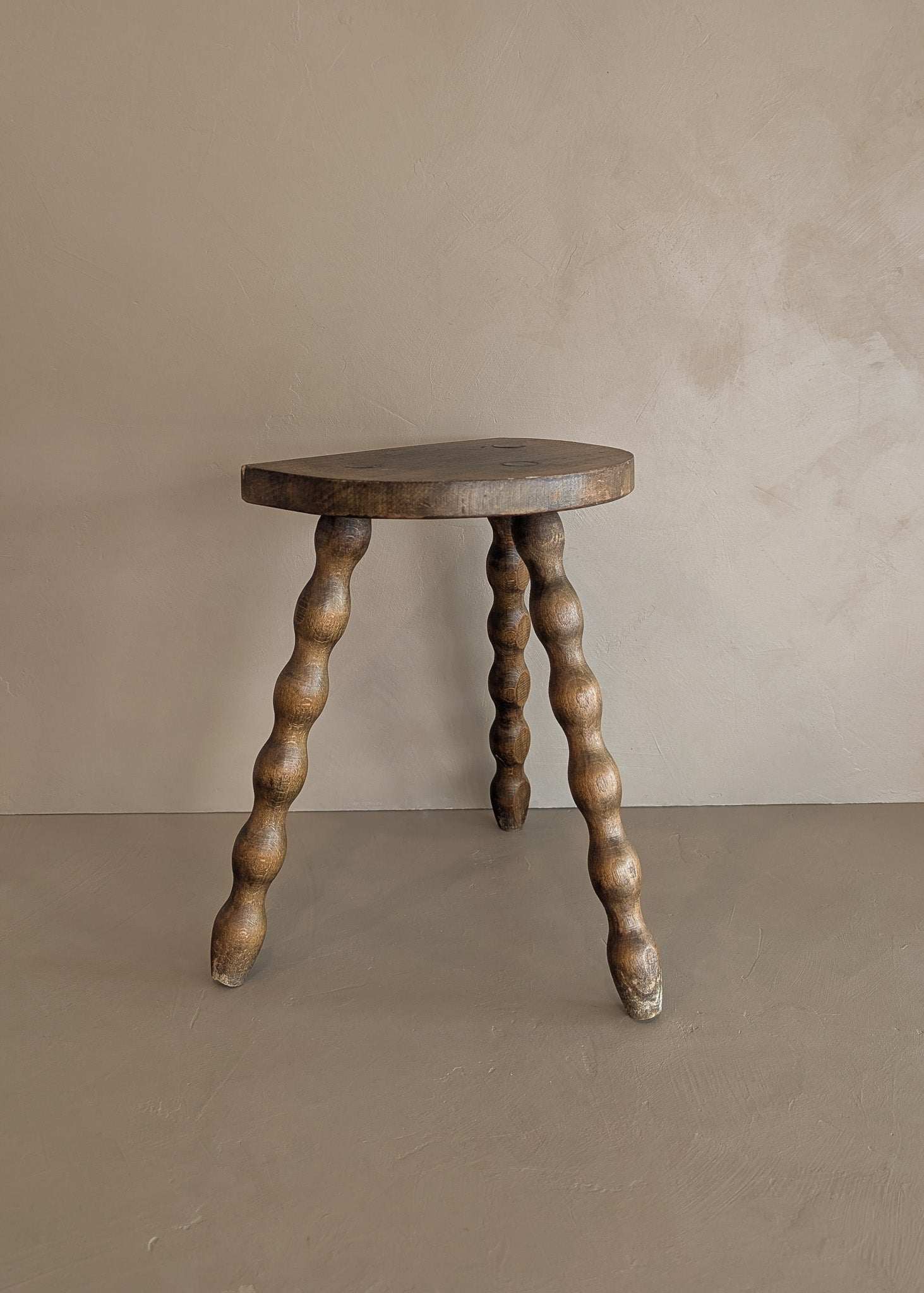 Vintage French Dark Wooden Bobbin Leg Charles Dudouyt-Style Half-Moon Stool