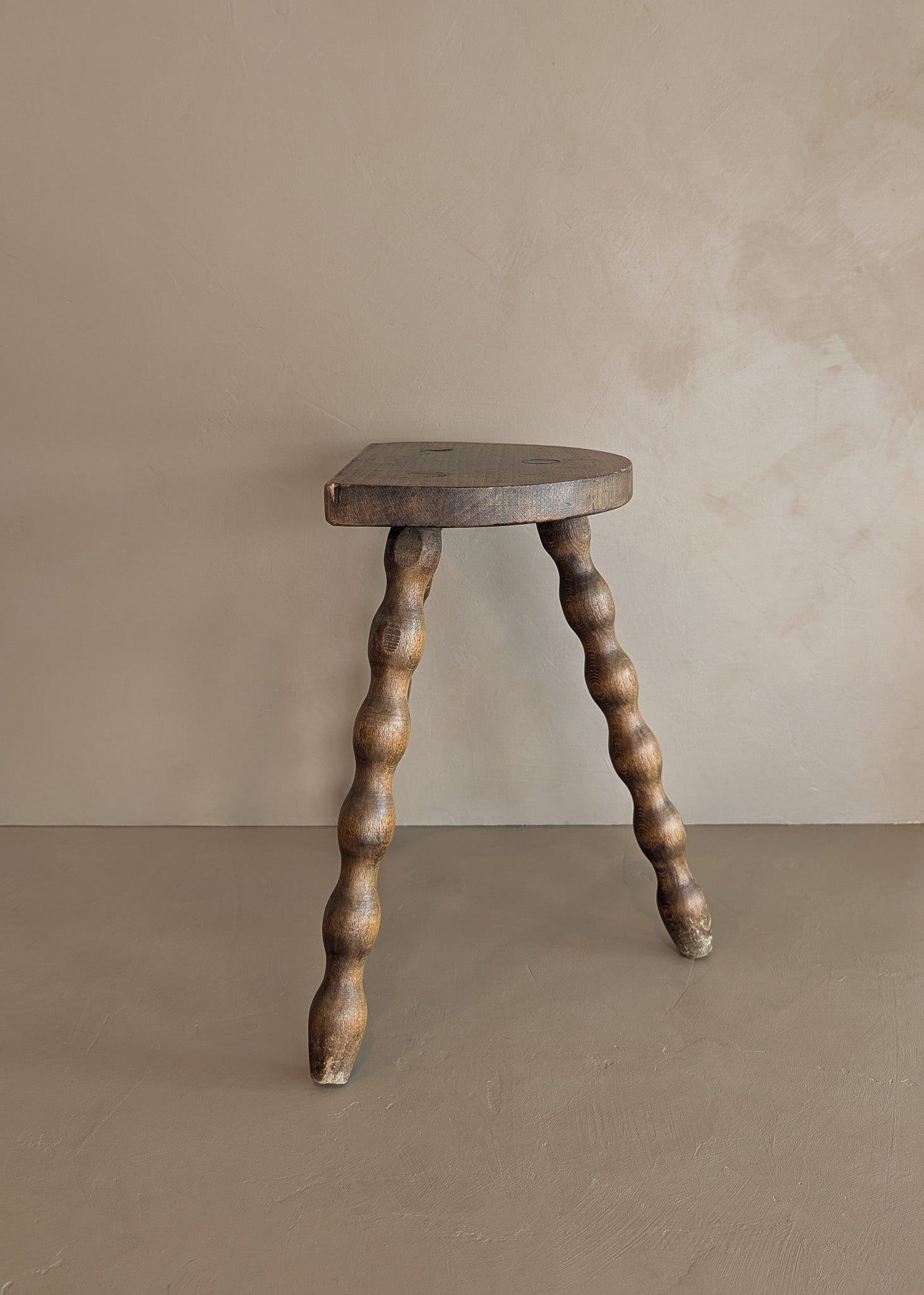 Vintage French Dark Wooden Bobbin Leg Charles Dudouyt-Style Half-Moon Stool