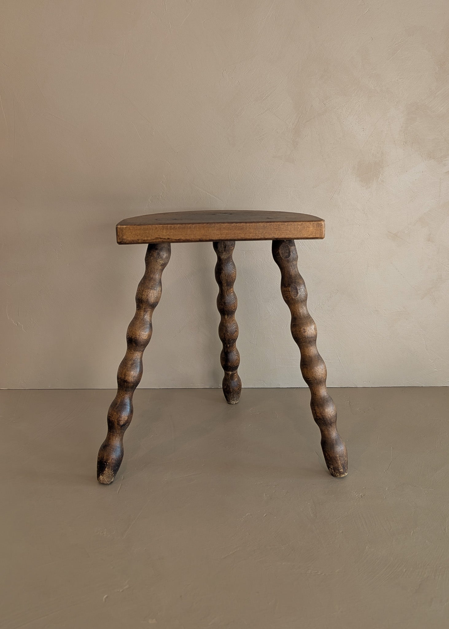 Vintage French Dark Wooden Bobbin Leg Charles Dudouyt-Style Half-Moon Stool