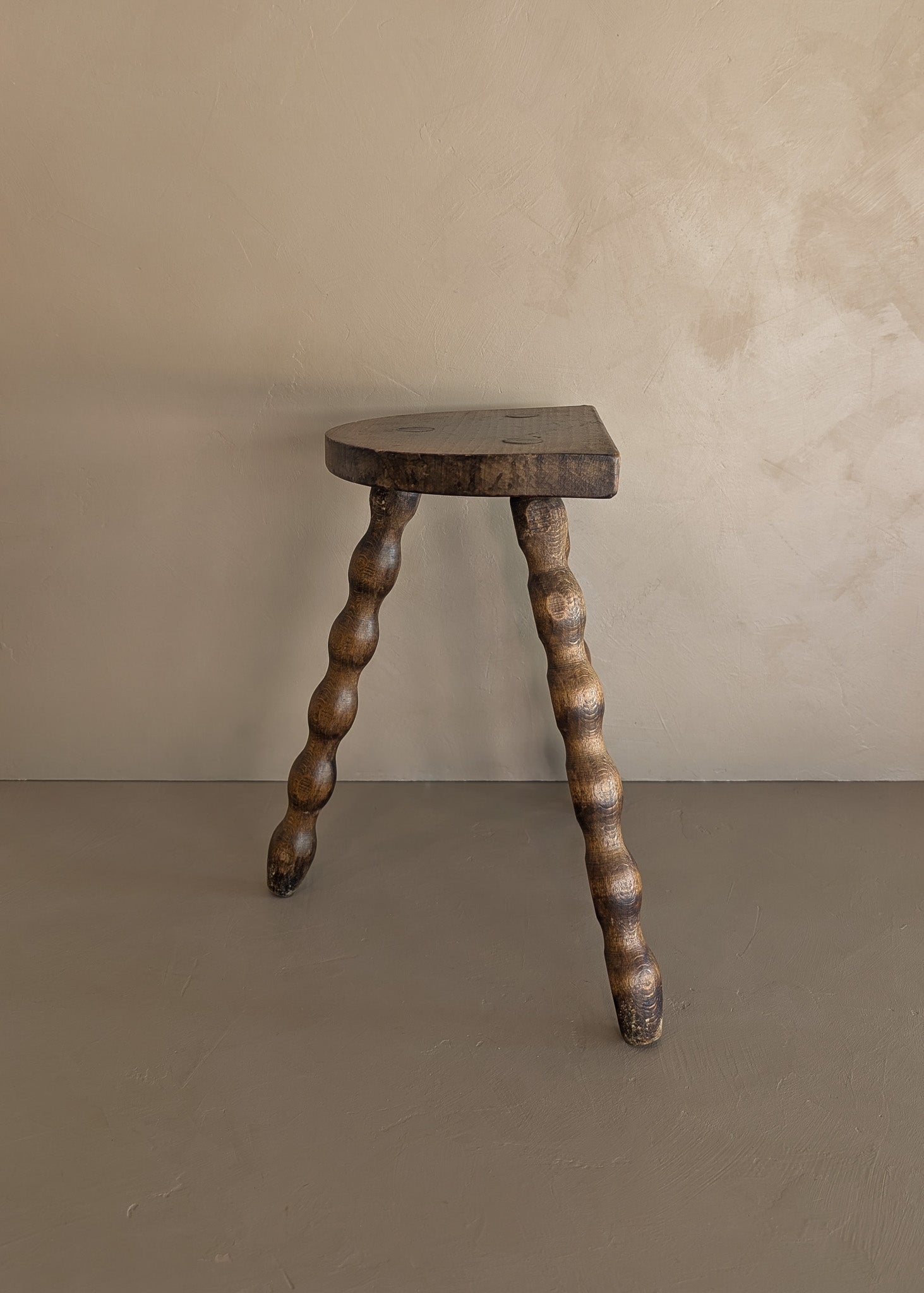 Vintage French Dark Wooden Bobbin Leg Charles Dudouyt-Style Half-Moon Stool