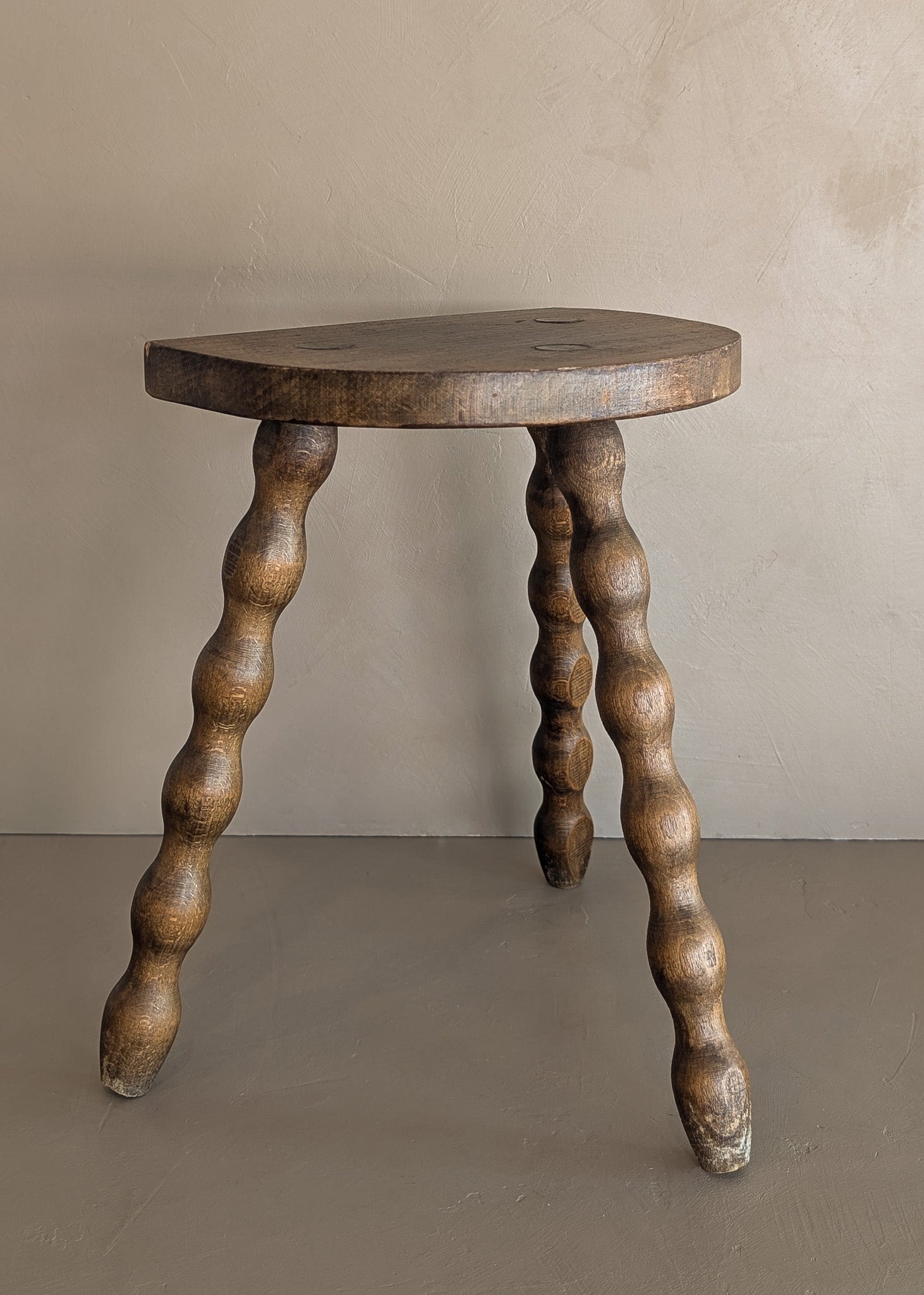 Vintage French Dark Wooden Bobbin Leg Charles Dudouyt-Style Half-Moon Stool