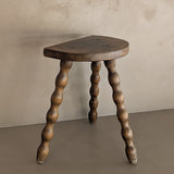 Vintage French Dark Wooden Bobbin Leg Charles Dudouyt-Style Half-Moon Stool