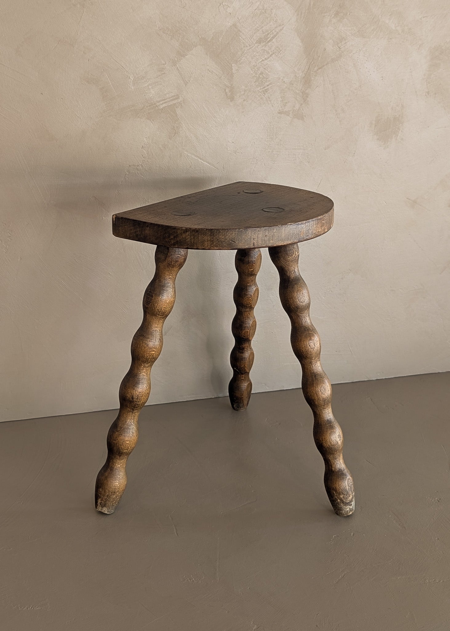 Vintage French Dark Wooden Bobbin Leg Charles Dudouyt-Style Half-Moon Stool