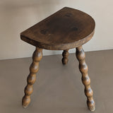 Vintage French Dark Wooden Bobbin Leg Charles Dudouyt-Style Half-Moon Stool