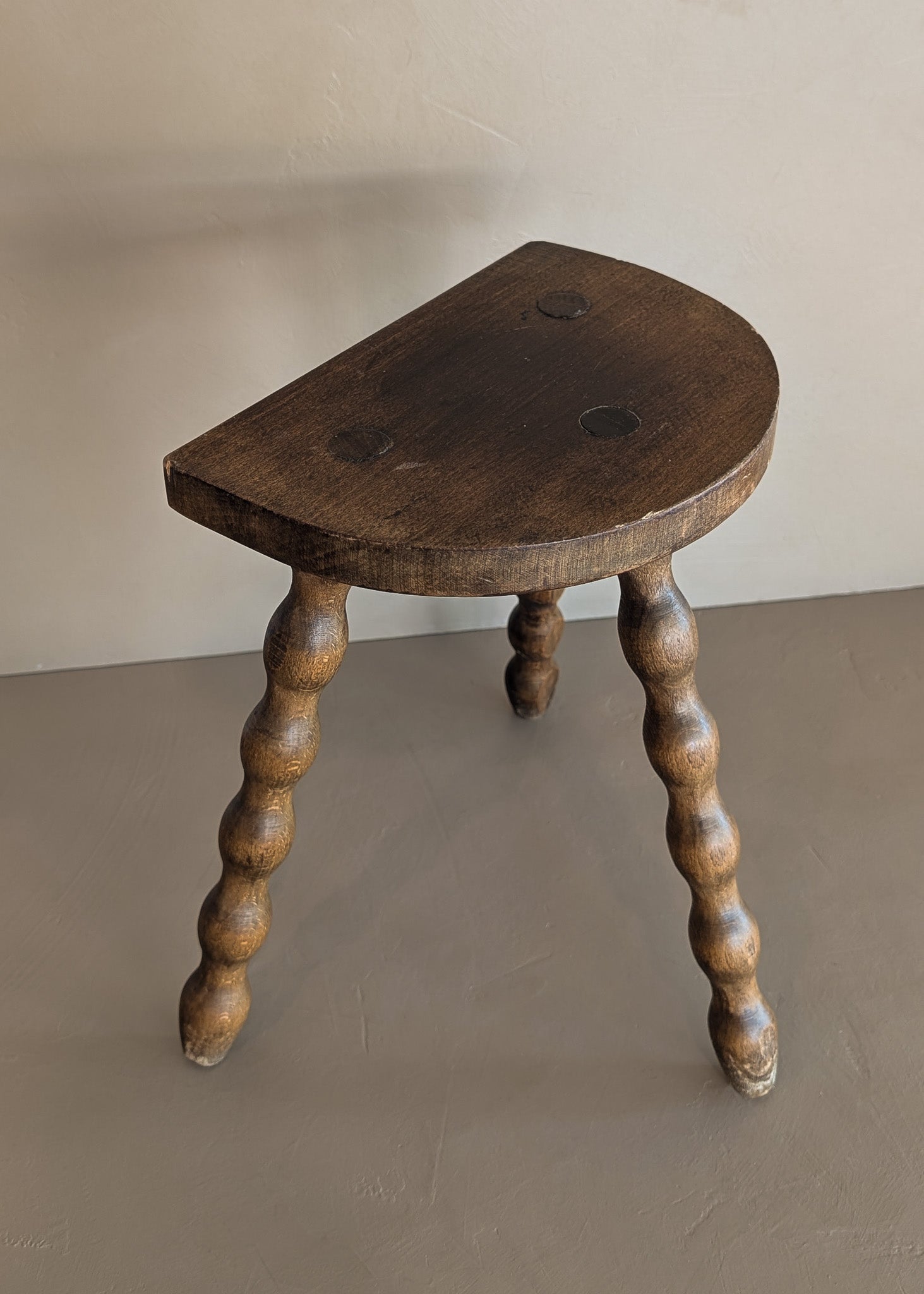 Vintage French Dark Wooden Bobbin Leg Charles Dudouyt-Style Half-Moon Stool