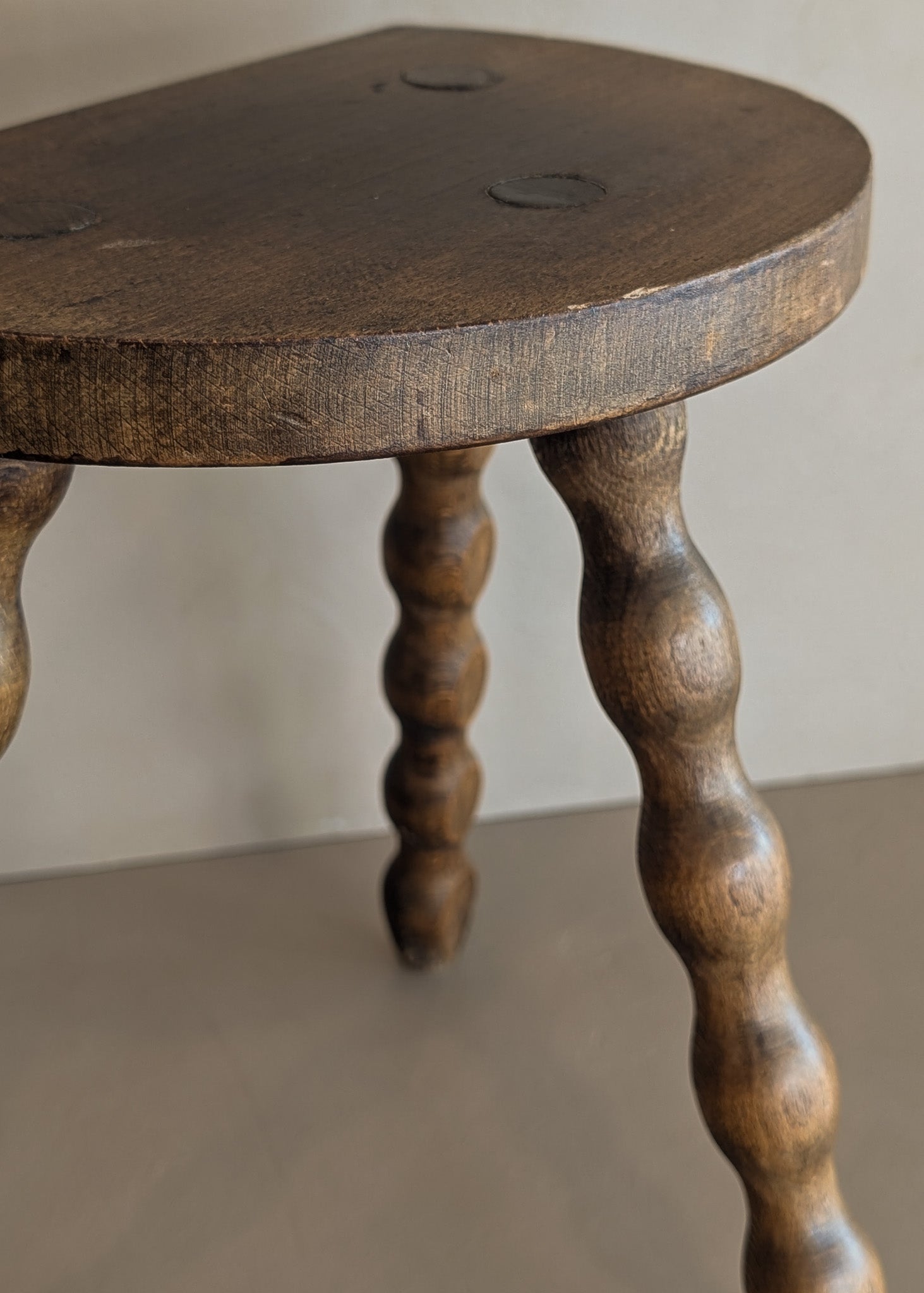 Vintage French Dark Wooden Bobbin Leg Charles Dudouyt-Style Half-Moon Stool