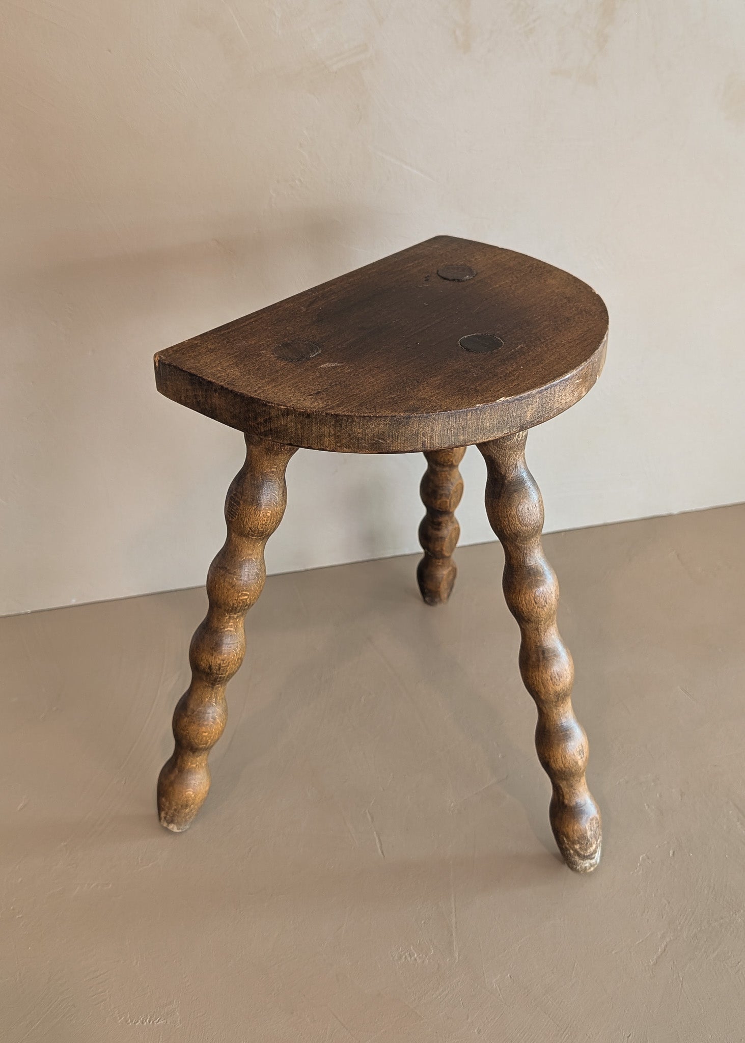 Vintage French Dark Wooden Bobbin Leg Charles Dudouyt-Style Half-Moon Stool
