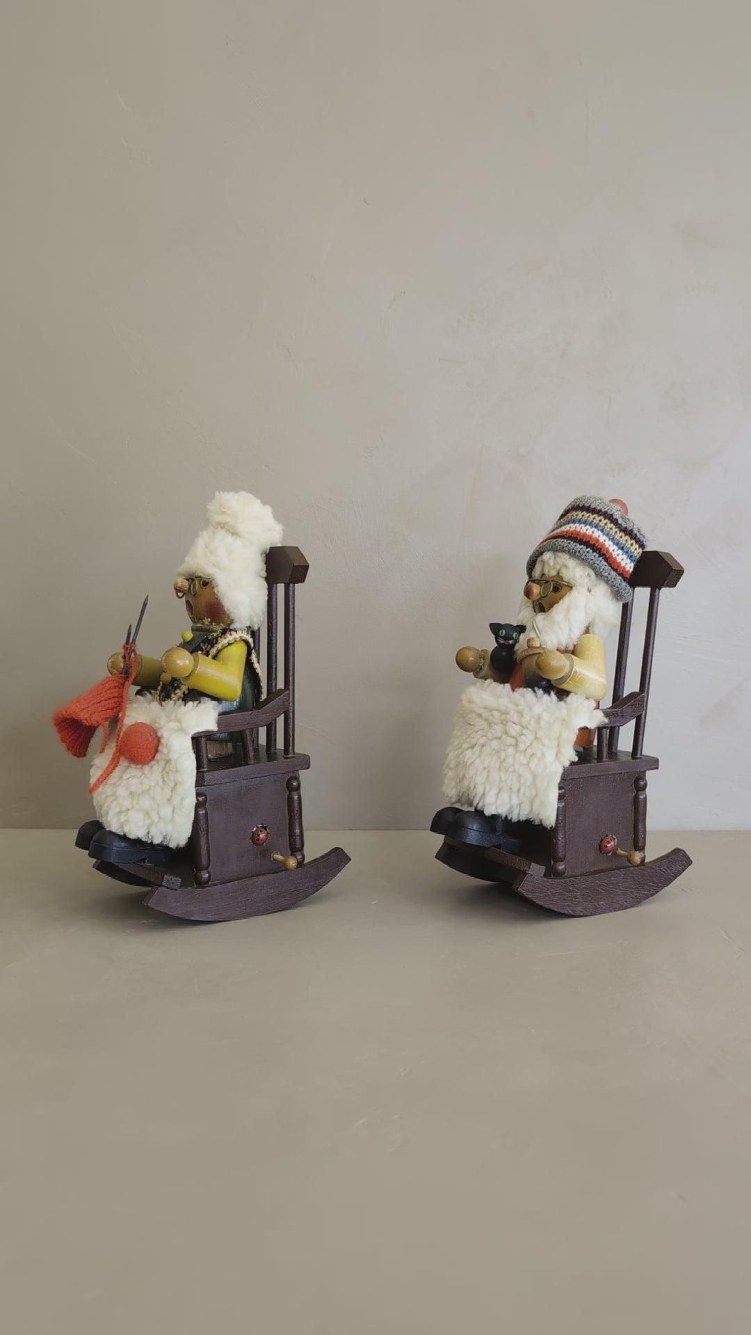Pair of Vintage Rocking Music Box Wooden Steinbach German Knitting Grandma and Grandpa with Black Cat Smokers