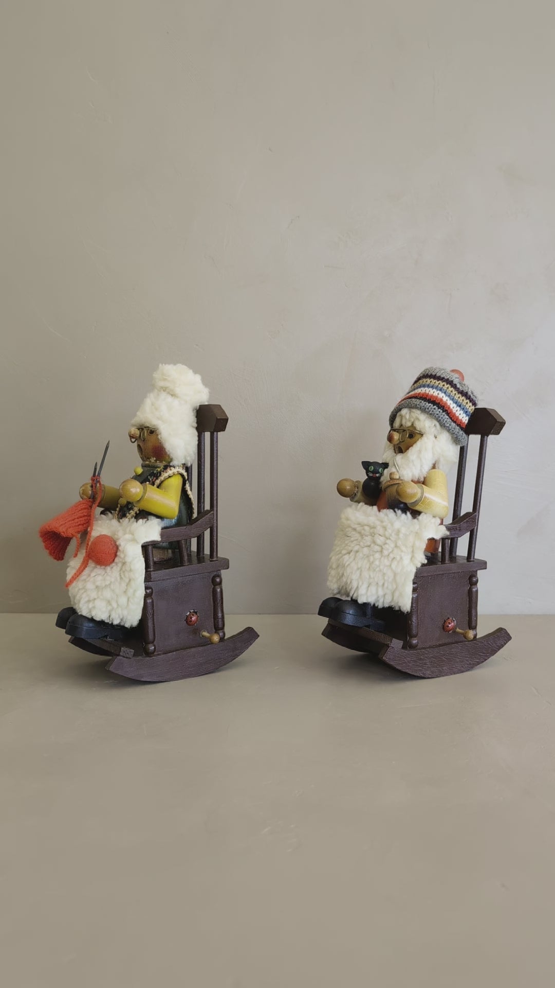 Pair of Vintage Rocking Music Box Wooden Steinbach German Knitting Grandma and Grandpa with Black Cat Smokers