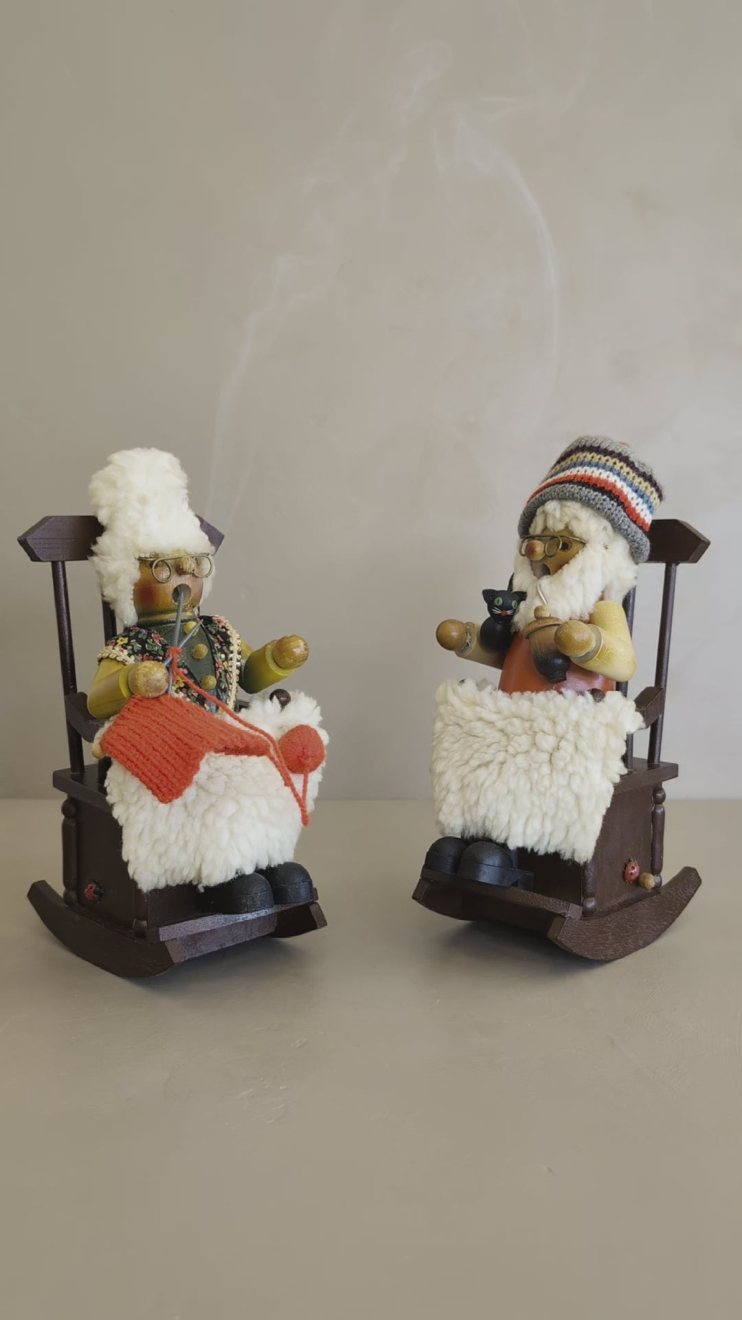Pair of Vintage Rocking Music Box Wooden Steinbach German Knitting Grandma and Grandpa with Black Cat Smokers