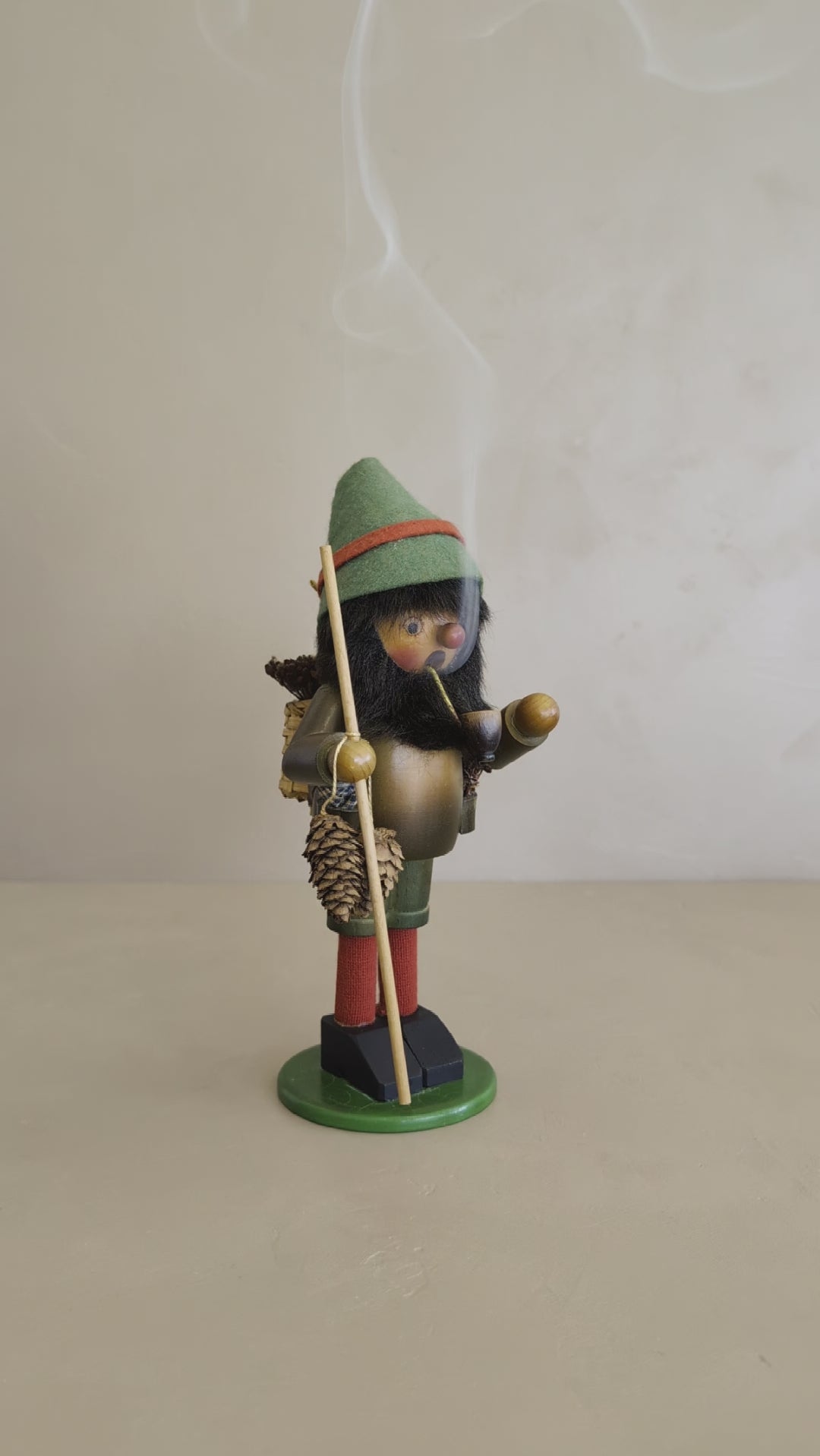 Vintage Wooden Steinbach German Hiker Mountain Man Smoker with Pinecones and Backpack